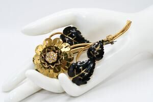 Vintage Large Flower Brooch Black Enamel Leaves Rhinestone Center Brass